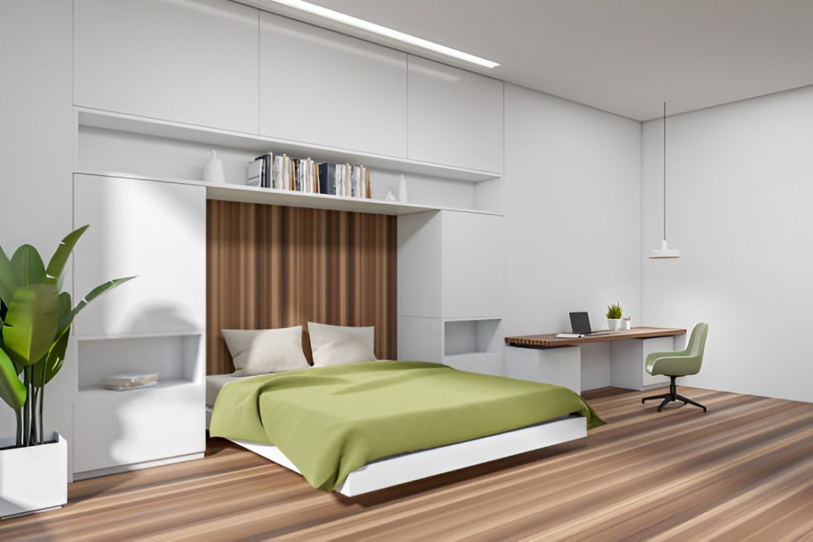 murphy bed beside an office desk