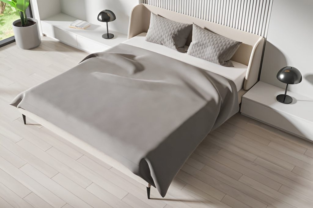 gray murphy bed with lamps on both sides